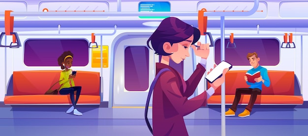 Mensen in de auto van de metro. Vrouwen met mobiele telefoons en man met boek in metrowagen met verlichting en stoelen. Metrostation voor woon-werkverkeer met passagiers, Cartoon vectorillustratie