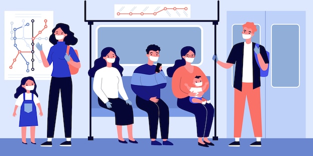 Mensen in gezichtsmaskers zitten en staan in de ondergrondse trein