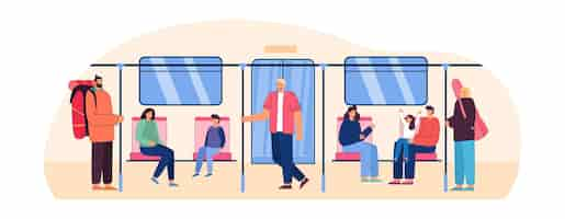 Gratis vector mensen in metro trein platte vectorillustratie. zwangere vrouw, gezin met kinderen, toerist met rugzak en meisje met gitaar in metro of buis praten, staan en zitten. transport, voertuigconcept