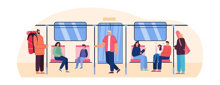 Gratis Vector mensen in metro trein platte vectorillustratie. zwangere vrouw, gezin met kinderen, toerist met rugzak en meisje met gitaar in metro of buis praten, staan en zitten. transport, voertuigconcept