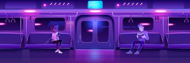 Mensen in nacht metro trein auto vrouw met telefoon en man met boek in metro wagen met gloeiende neonverlichting
