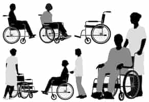 Gratis vector mensen in rolstoel vector zwart-wit silhouet illustratie set geïsoleerd op een witte achtergrond.