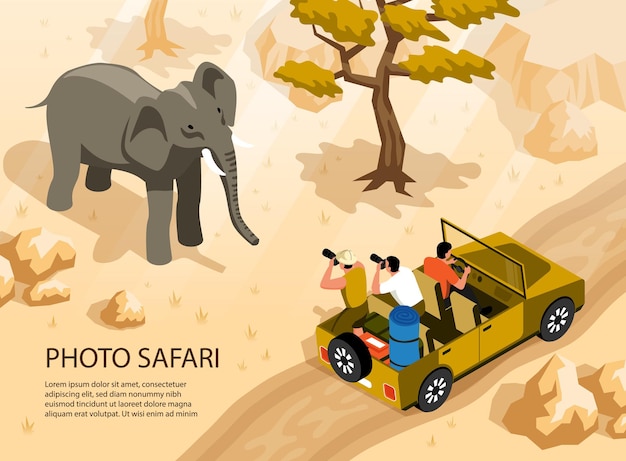 Mensen in safariauto die foto van 3d isometrische olifant nemen