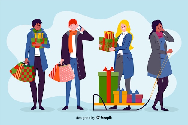 Gratis vector mensen kopen kerstcadeaus