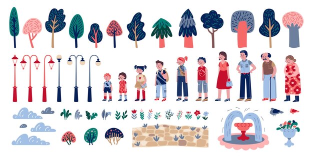 Mensen landschapselement set met geïsoleerde iconen van bomen lantaarnpalen bloemen en doodle menselijke karakters vectorillustratie