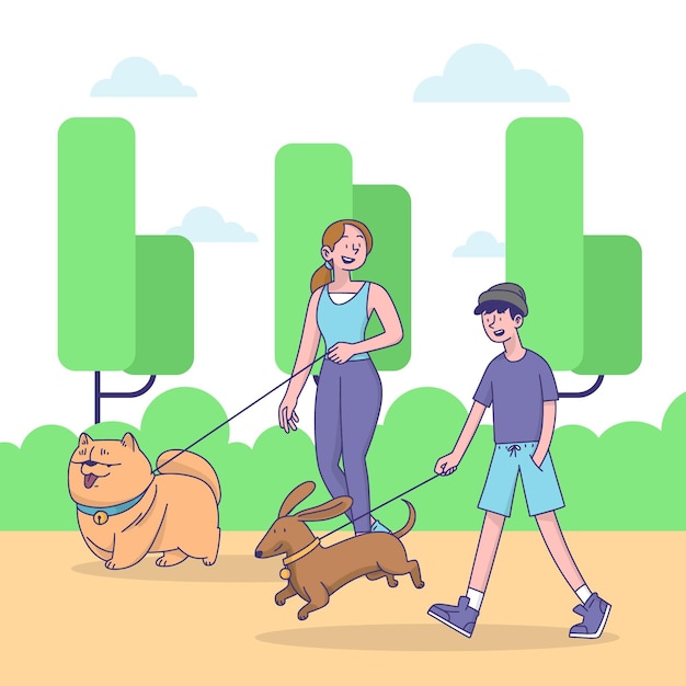 Gratis vector mensen lopen de hond