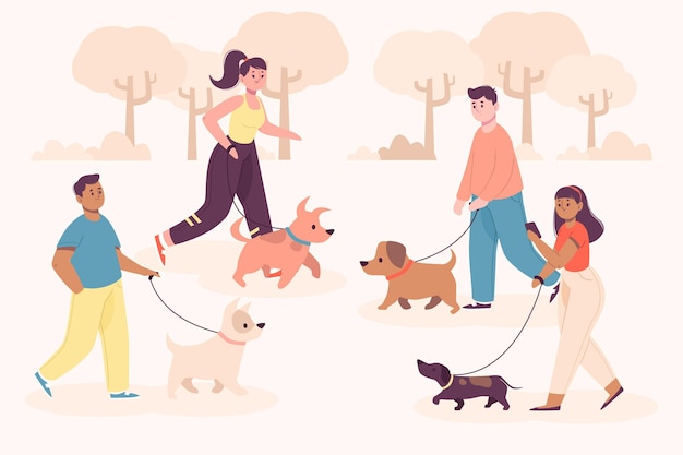 Mensen lopen in het park met hun honden Gratis Vector