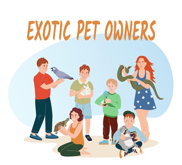 Gratis vector mensen met exotische huisdieren platte samenstelling van lege achtergrond sierlijke tekst en doodle mensen die dieren vectorillustratie vasthouden