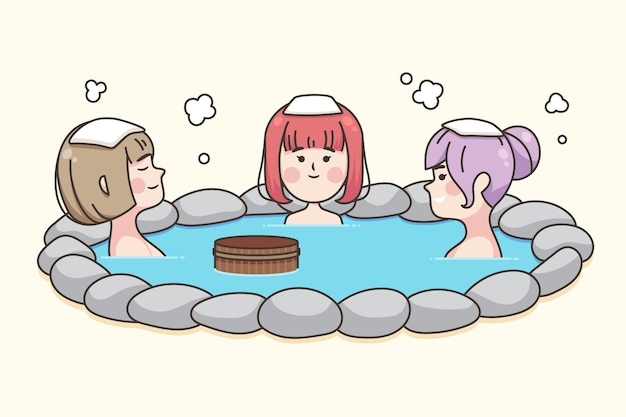 Gratis vector mensen met handdoeken op hun hoofd zitten in onsen