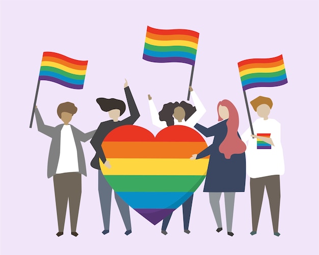 Gratis vector mensen met lgbtq regenboog vlaggen illustratie