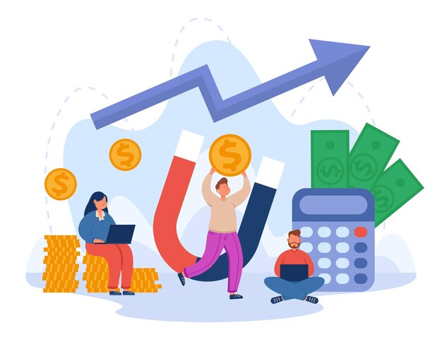 Mensen met magneet aantrekken van geld platte vectorillustratie. Kleine mannen en vrouwen die laptop gebruiken, een strategie ontwikkelen om het inkomen te verhogen of een snelle lening aangaan voor het bedrijfsleven. Investeringen, financieringsconcept