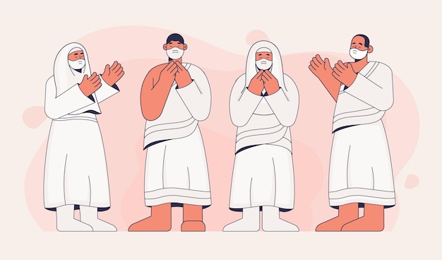 Mensen met medisch masker in hadj-bedevaartillustratie