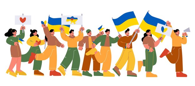 Mensen met vlaggen protesteren tegen oorlog in Oekraïne