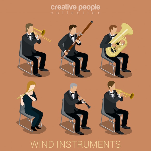 Gratis vector mensen muzikanten spelen op wind muzikale instrumenten isometrische vector illustraties set.