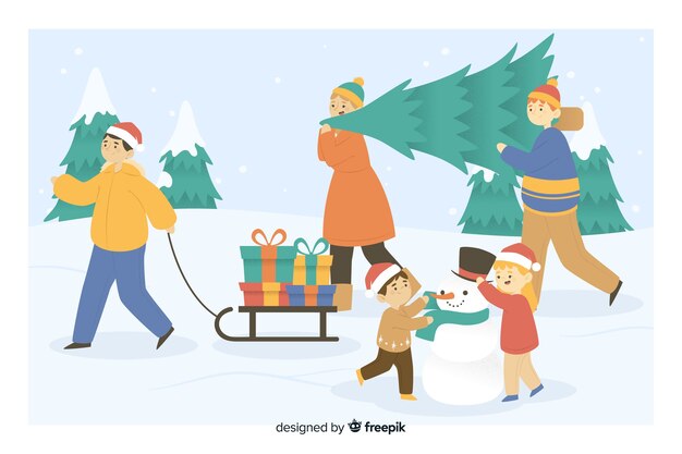 Mensen nemen kerstboom en geschenken cartoon