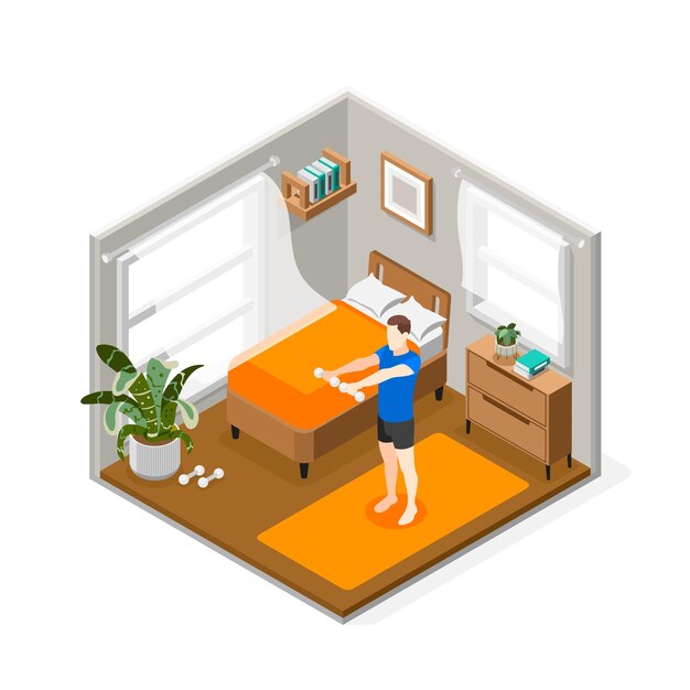 Mensen ochtend routine isometrische compositie met man die oefeningen doet in zijn kamer vectorillustratie