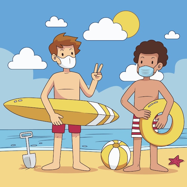 Gratis vector mensen op het strand dragen gezichtsmaskers