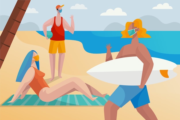 Gratis vector mensen op het strand met maskers