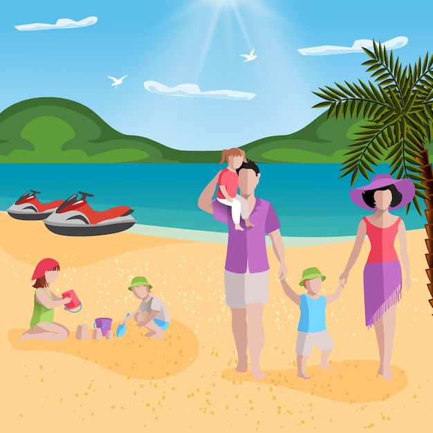 Gratis vector mensen op strand met tropisch strandlandschap en anonieme karakters van familieleden ouders met kinderen