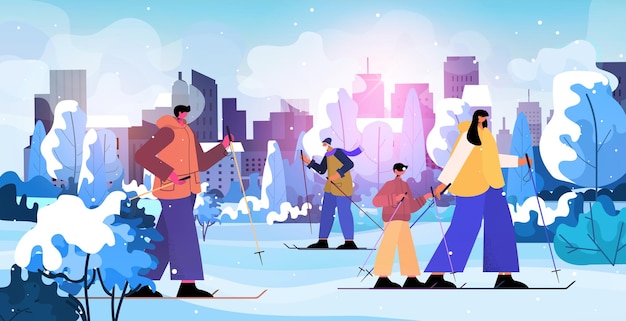 Mensen skiën in park winter vakantie activiteit concept stadsgezicht achtergrond