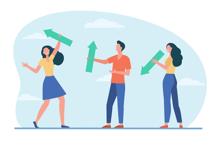 Gratis Vector mensen staan en houden pijlen vast. teken, omhoog, omlaag platte vectorillustratie. richting en groei