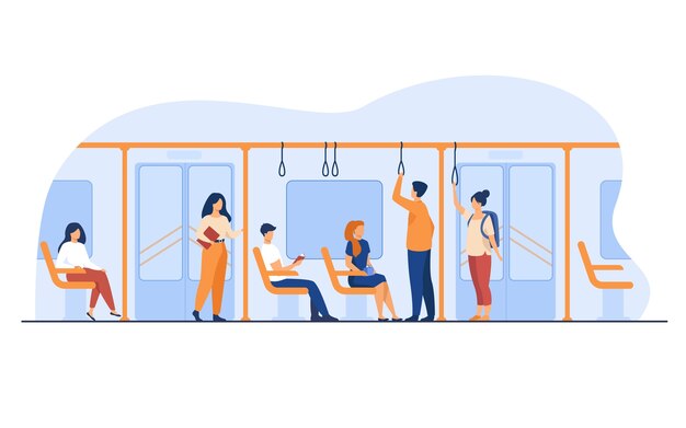 Mensen staan en zitten in bus of metro trein geïsoleerde platte vectorillustratie. Mannen en vrouwen die de metro gebruiken.