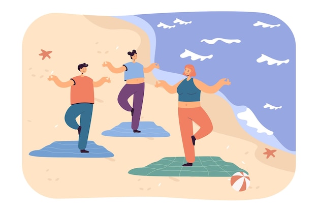 Mensen staan in boompositie op zandstrand. Man en vrouw doen yoga op matten buiten in de buurt van oceaan platte vectorillustratie. Sport, gezondheidsconcept voor banner, websiteontwerp of bestemmingswebpagina