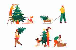 Gratis vector mensen versieren kerstboom collectie