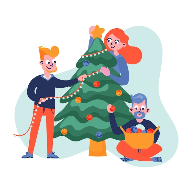 Gratis vector mensen versieren kerstboom samen