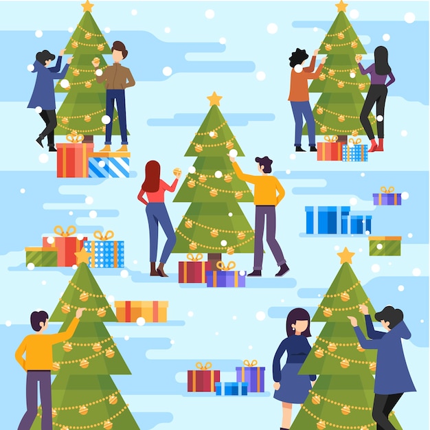 Gratis vector mensen versieren kerstboom set