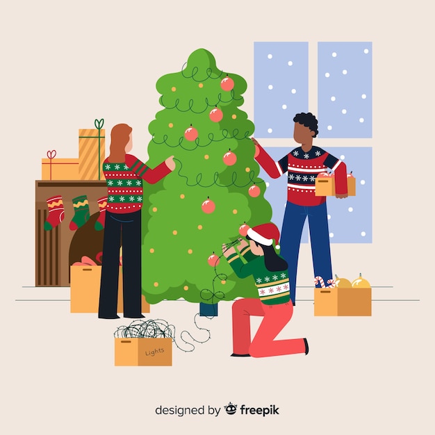 Gratis vector mensen versieren kerstboom