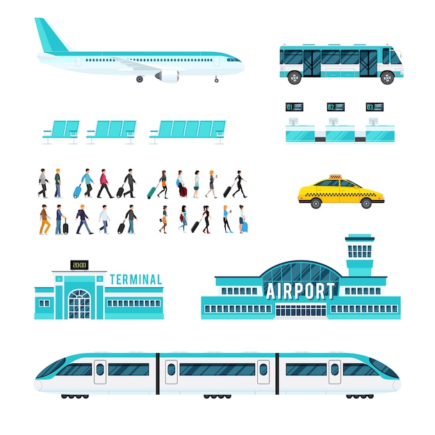 Mensen vervoer en luchthaven icons set