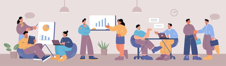 Gratis Vector mensen werken in open ruimte kantoor. platte vectorillustratie van coworking werkplek interieur voor teamwork, vergadering en freelance baan. vrouwen en mannen met laptops, klemborden en presentatie op kantoor