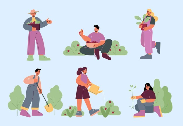 Mensen werken in tuin planten bomen drenken en oogsten Vector set platte illustraties met boeren of vrijwilligers tuinieren op boerenerf of openbaar park Mannen en vrouwen met schop bloempot