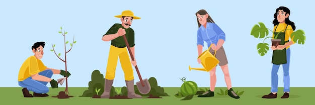 Gratis vector mensen werken in tuin planten bomen en bloemen water geven platte vectorillustratie van boeren of vrijwilligers tuinieren op het erf of openbaar park mannen en vrouwen met kamerplant in pot en schoppen