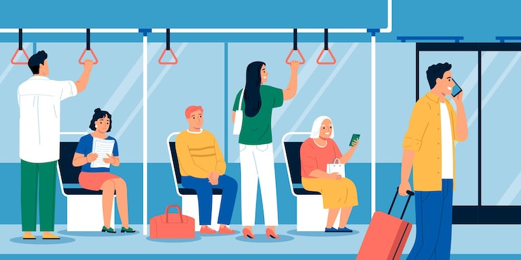 Gratis Vector mensen zitten en staan in de bus lezen praten op telefoon platte vectorillustratie