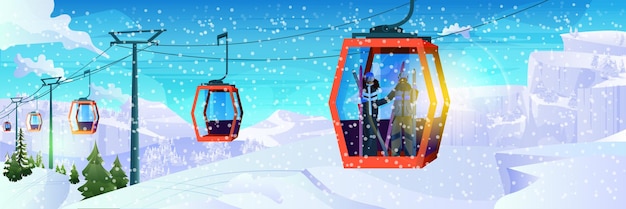 Mensen zitten op stoeltjesliften ski resort kabelbaan in besneeuwde bergen kerstmis nieuwjaar vakantie viering winter vakantie concept horizontale vectorillustratie