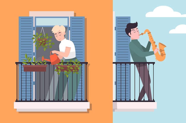 Gratis vector mensenactiviteit op balkon geïllustreerd concept