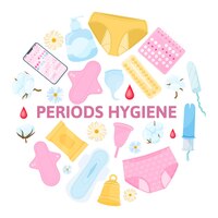 Menstruatie periode hygiëne platte samenstelling met dames slipje pads tampons menstruatie kalender vectorillustratie