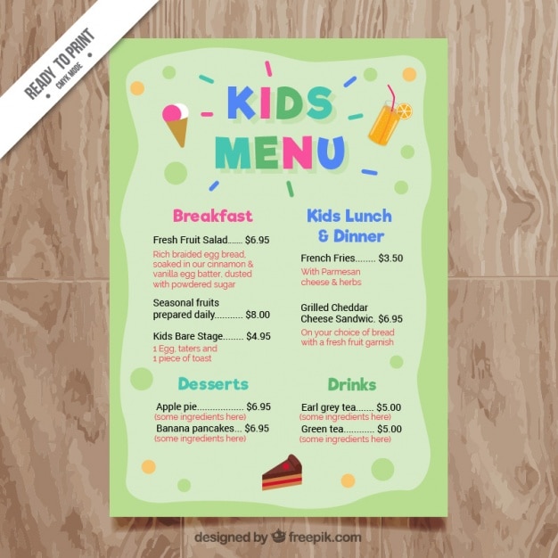 Gratis vector menu groen kid's in plat design