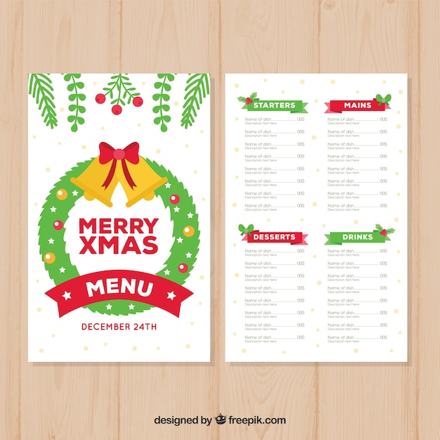 Menu met bloemen kerstkrans en klokken