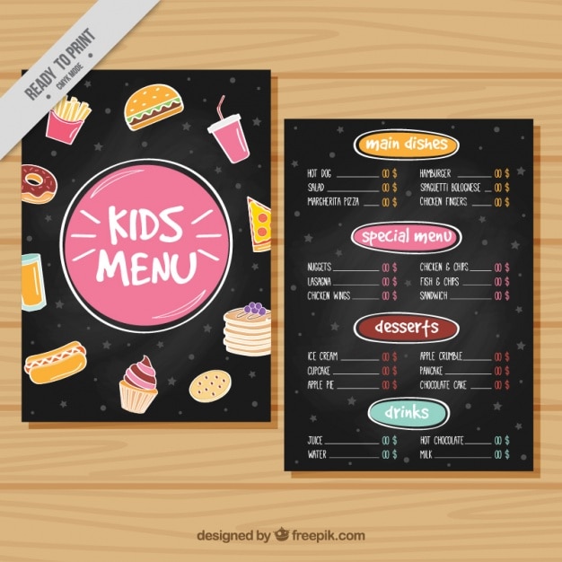 Gratis vector menu voor kinderen met kleurrijke elementen