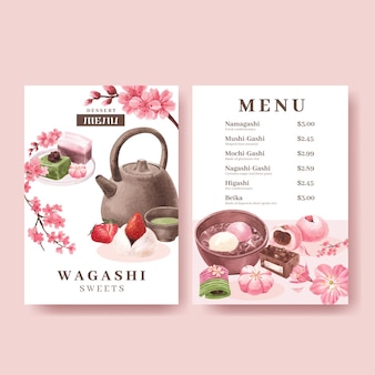 Menusjabloon met wagashi japans dessert in aquarelstijl