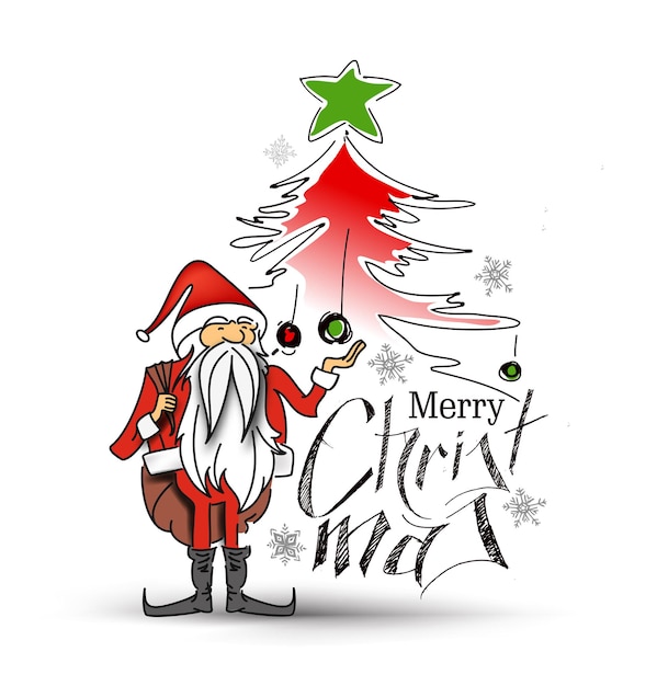 Merry christmas-achtergrond - cartoon-stijl hand schetsmatige kerstman met cadeau, vectorillustratie