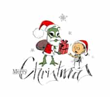 Gratis vector merry christmas achtergrond - cartoon stijl hand schetsmatige tekening van een grappige kleine jongen dragen santa claus cap, vectorillustratie