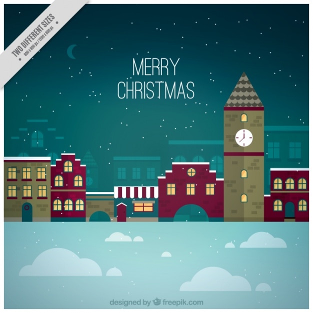 Gratis vector merry christmas achtergrond met dorp in plat ontwerp