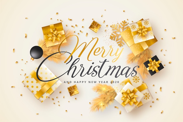 Gratis vector merry christmas card met gouden en zwarte presenteert