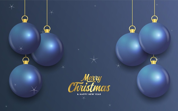 Merry christmas donker blauwe banner met ballen kerstkaart vector illustratie