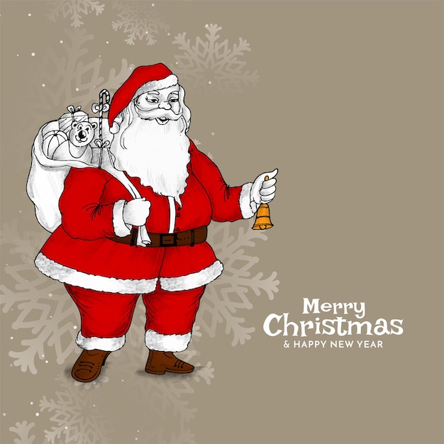 Merry christmas-festivalkaart met de kerstman die een cadeauzakje vasthoudt