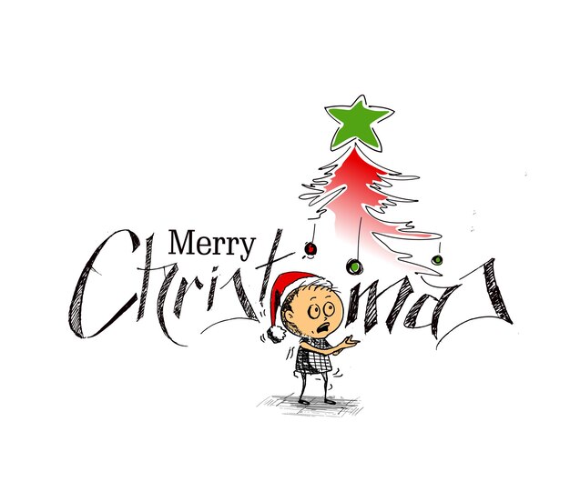 Merry christmas tree achtergrond - cartoon stijl hand schetsmatig tekening van een grappige kleine jongen dragen santa claus cap, vectorillustratie